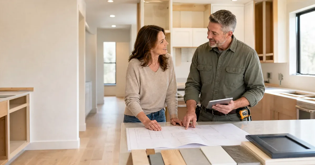 Homeowner discussing a kitchen remodel project with a licensed remodeling contractor