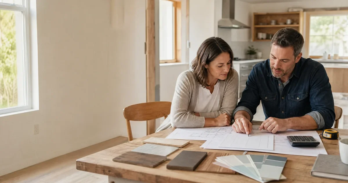 Renovation cost estimate with contractor budget breakdown and project specifications on a desk
