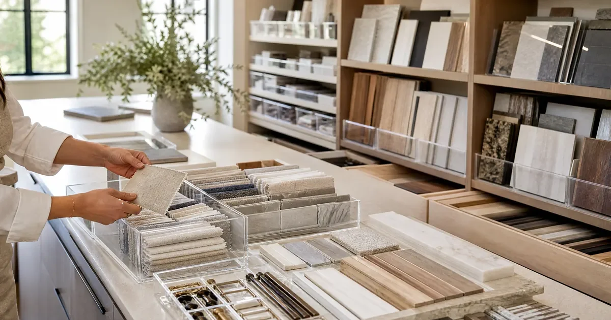 Organized interior design material samples including paint chips fabric swatches and tile