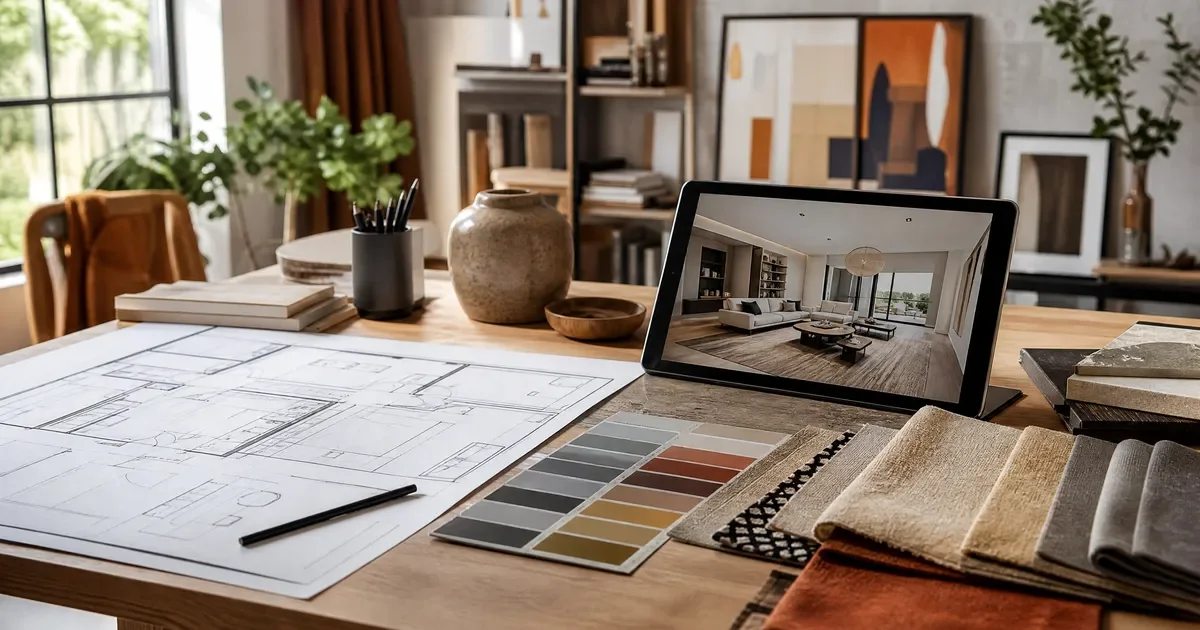 Interior designer reviewing a room layout and material selections during a residential project
