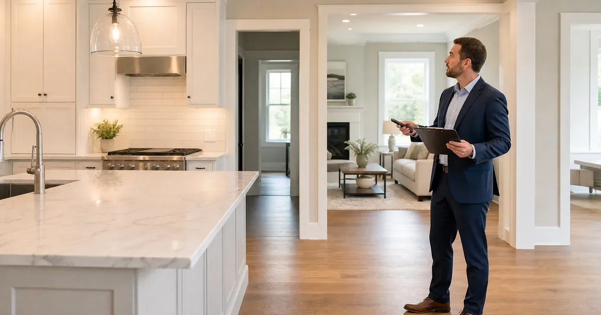 Appraiser assessing a newly renovated home interior for a post-renovation appraisal