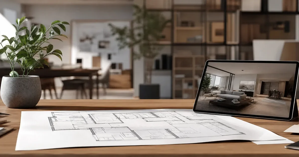 Interior design space planning with furniture layout and traffic flow mapped on a floor plan
