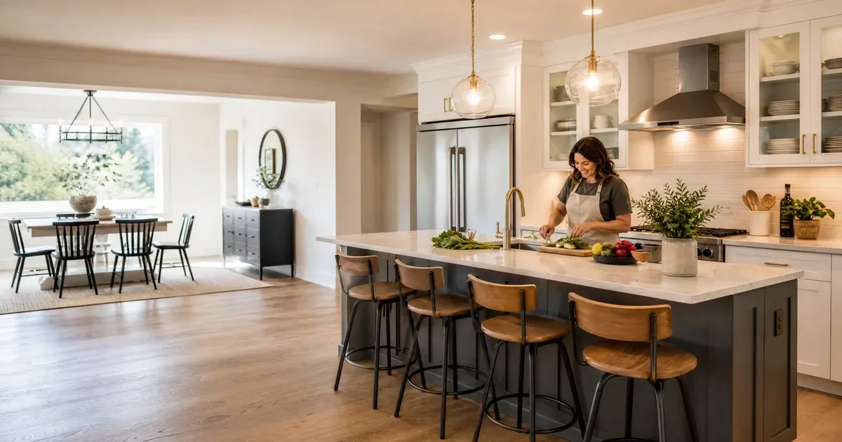 Beautifully remodeled kitchen with custom cabinetry stone countertops and task lighting