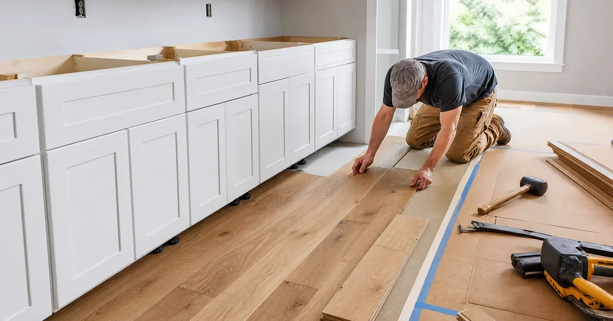 Kitchen remodel sequence with new cabinetry installed before the finished flooring goes in