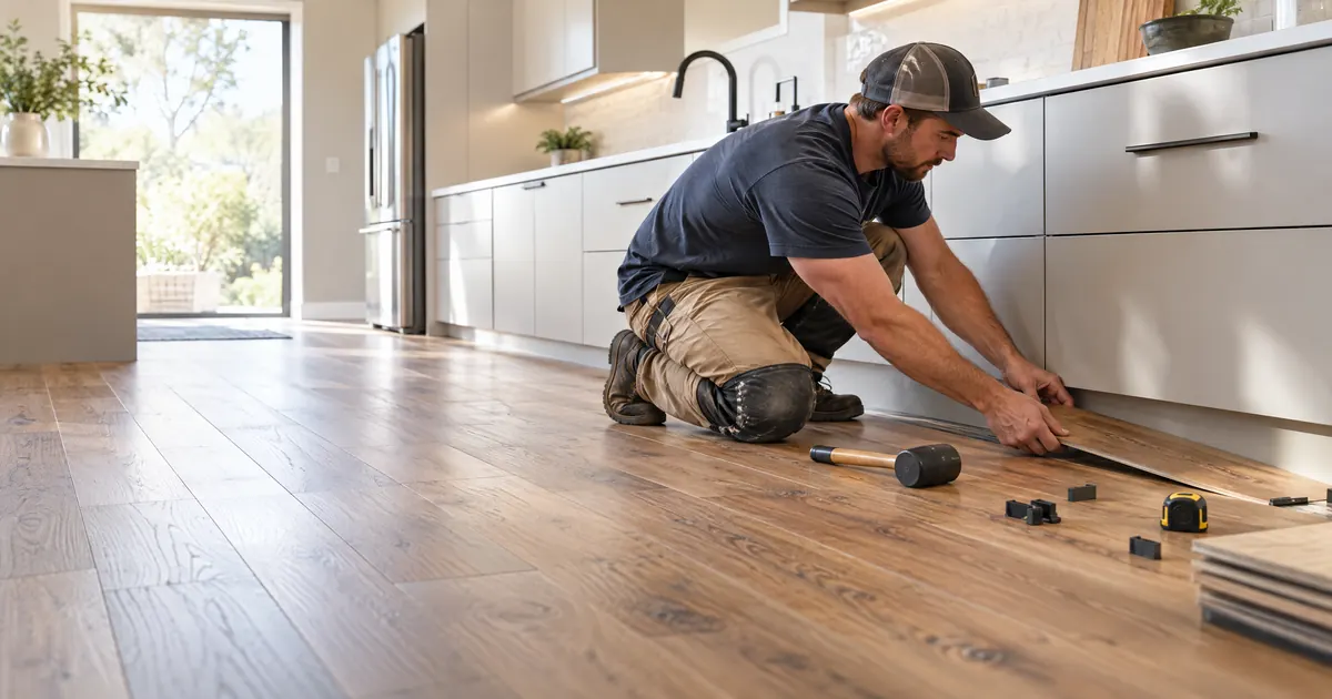 Nailed-down hardwood flooring installed under kitchen base cabinets before the cabinets are set