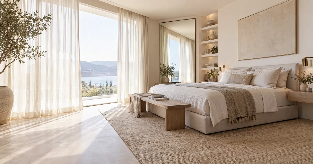 Bedroom interior with wide headboard and tall curtains