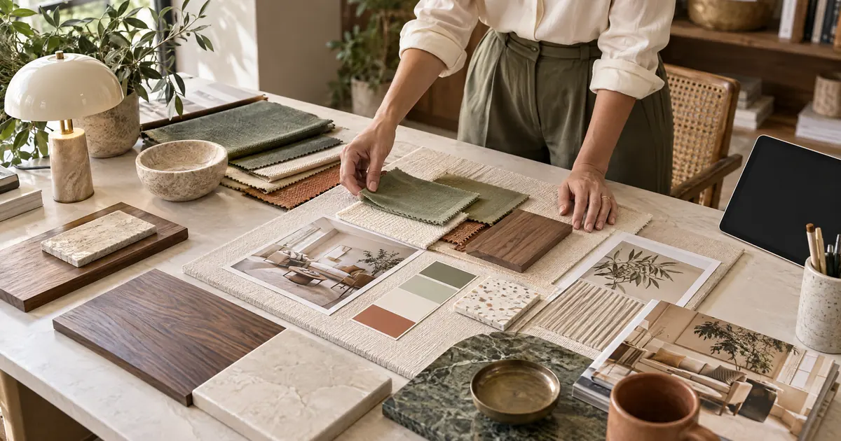 Interior design mood board with fabric samples