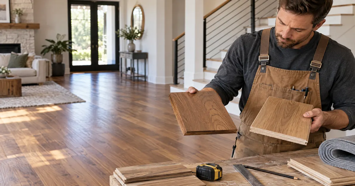 Solid hardwood plank beside an engineered hardwood plank showing their layered construction